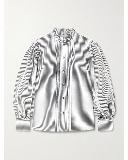 Loretta Caponi Gray Anastasia Lace-Trimmed Striped Cotton-Blend Blouse