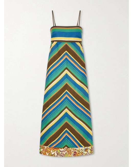ALÉMAIS Blue Charlie Striped Floral-Print Linen Midi Dress