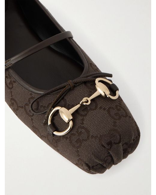 Gucci White Horsebit-Embellished Bow-Detailed Canvas-Jacquard Ballet Flats