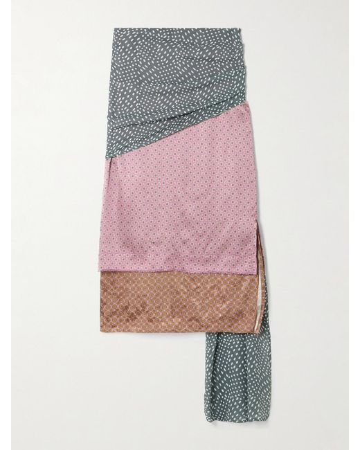 Dries Van Noten Pink Gathered Draped Layered Printed Satin Midi Skirt