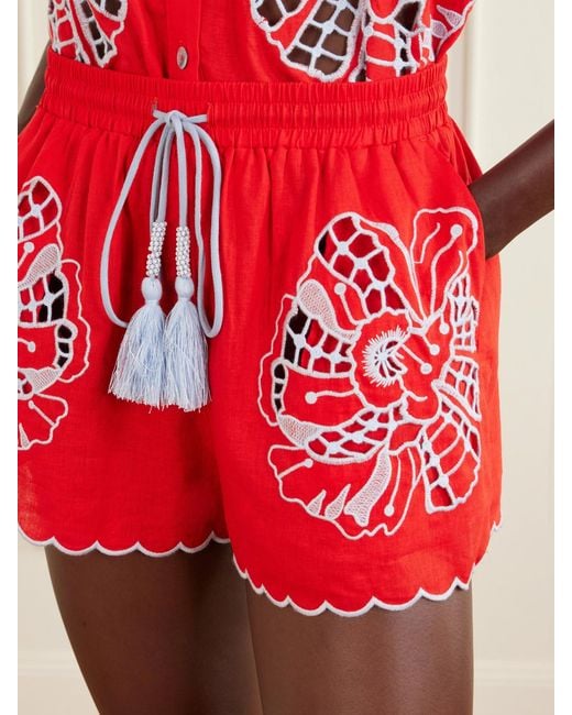 Farm Rio Embroidered Linen-Blend Shorts
