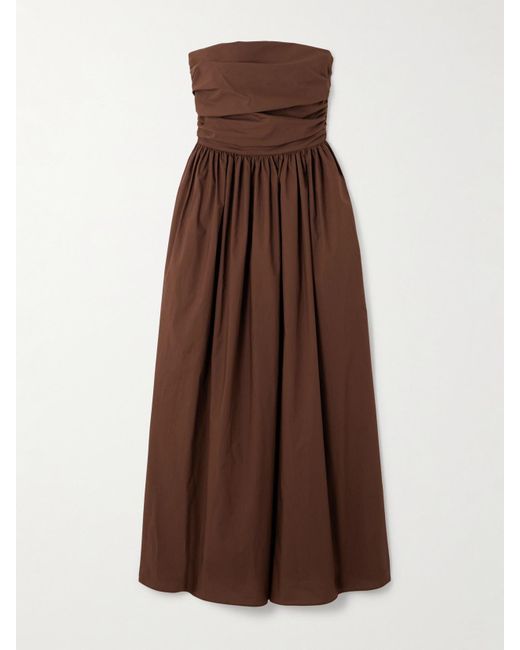 Matteau Brown Strapless Gathered Organic Cotton-Poplin Midi Dress