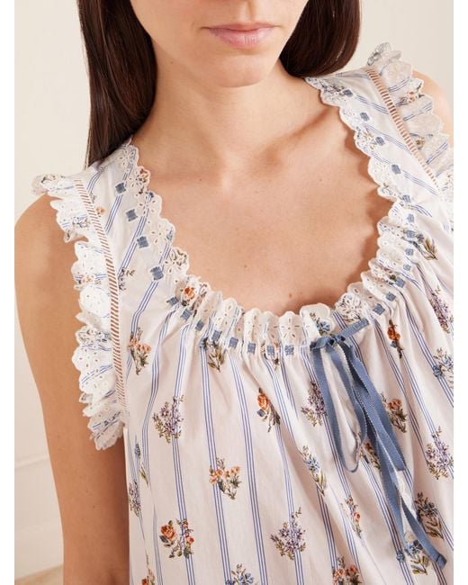 Doen White Nessie Embroidered Striped Floral-Print Organic Cotton Mini Dress