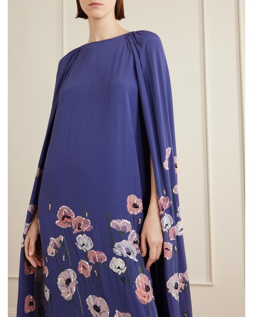 BERNADETTE Blue Minnie Cape-Effect Sequin-Embellished Embroidered Crepe Gown