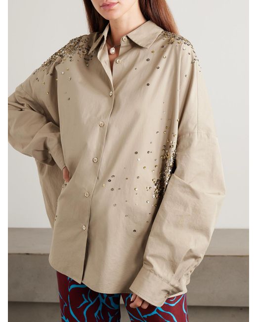 Dries Van Noten Natural Oversized Embellished Cotton Oxford Shirt