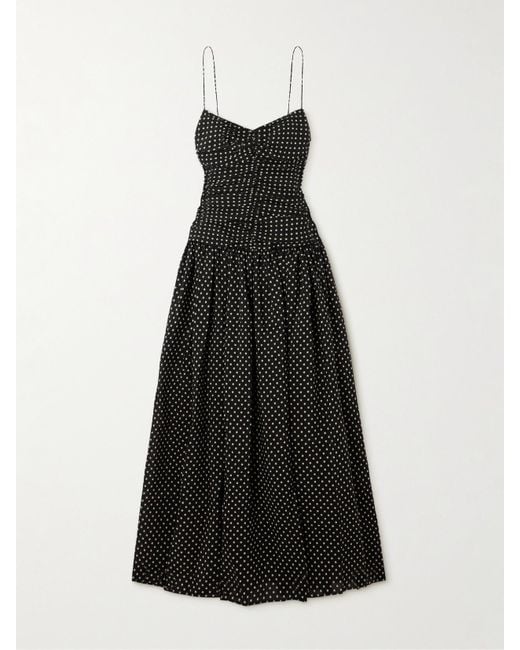 Matteau Black Midikleid Aus Einer Biobaumwoll-Seidenmischung Mit Polka-Dots Und Raffungen