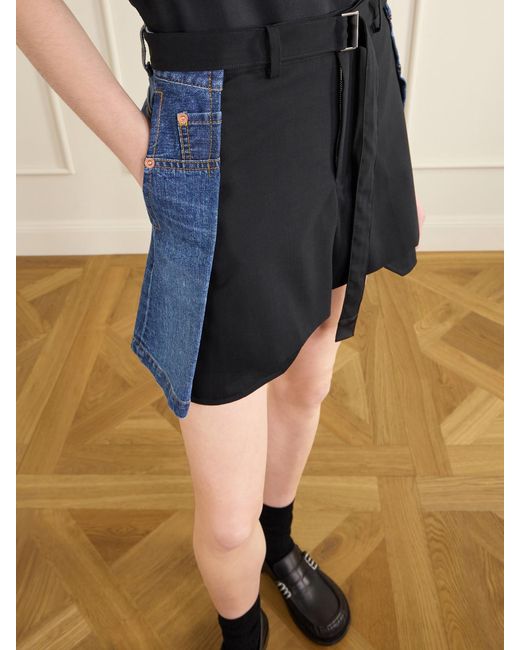 Sacai Blue Belted Wool-Trimmed Denim Shorts