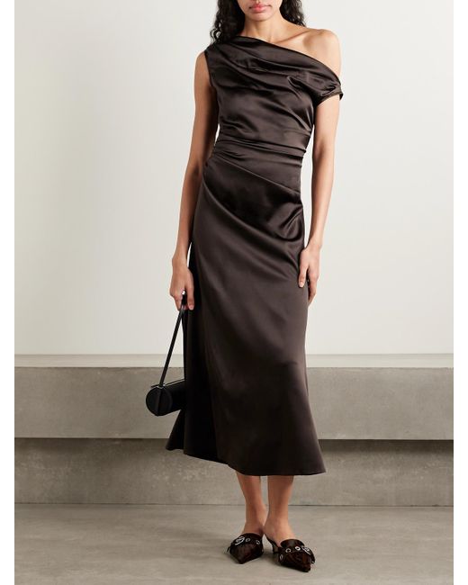 Staud Black Phare Draped Silk-Blend Midi Dress