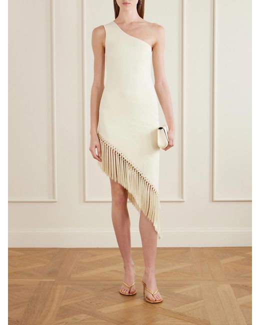 Taller Marmo White Yacare One-Shoulder Asymmetrical Fringed Jersey Midi Dress