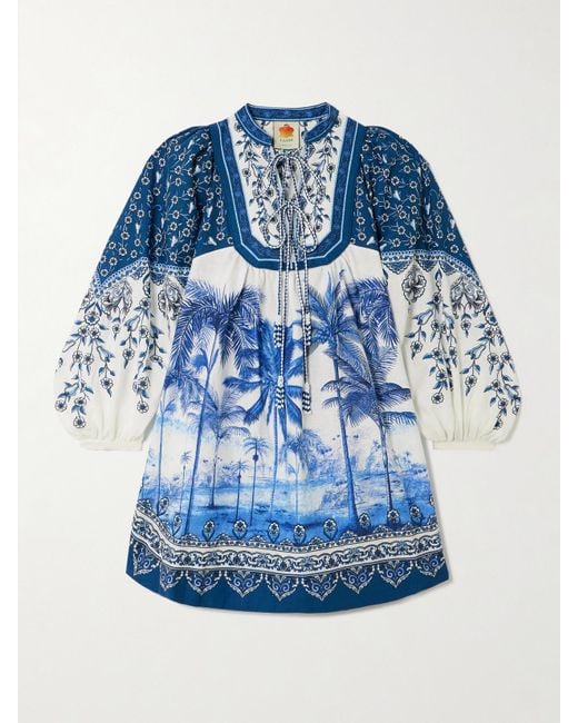 Farm Rio Blue Palm Tree Beach Minikleid Aus Einer Bedruckten Leinenmischung