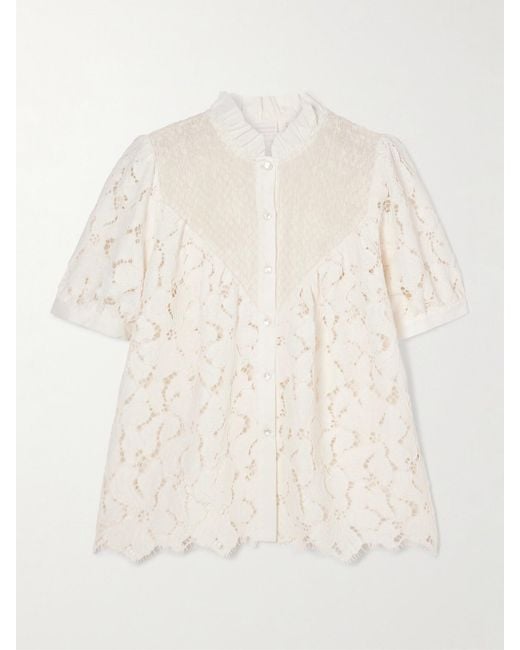 Loretta Caponi Natural Iole Ruffled Smocked Cotton-Trimmed Guipure Lace Blouse