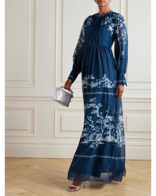 Erdem Blue Printed Silk-Voile Gown