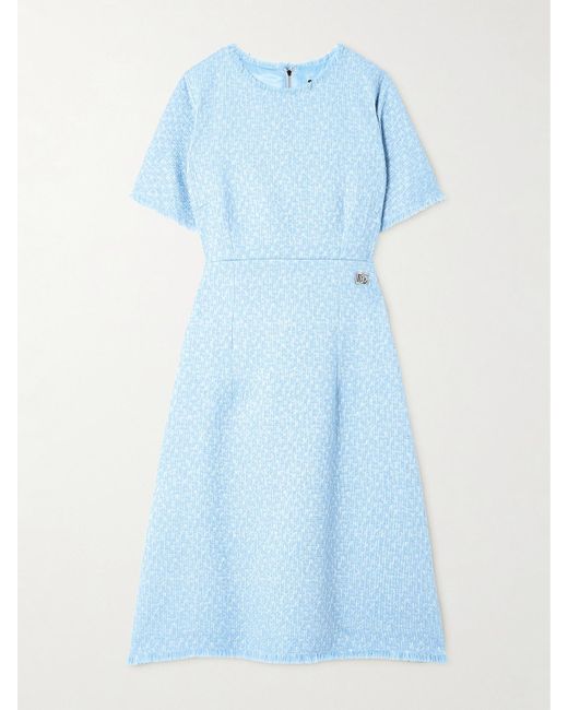 Dolce & Gabbana Blue Kleid Aus Tweed Aus Einer Wollmischung Mit Verzierung Und Fransen