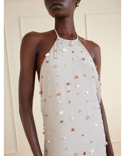 BERNADETTE White Francine Pearl-Embellished Crinkled-Shell Halterneck Dress