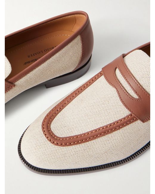 Loro Piana Natural Sergio Leather-Trimmed Canvas Loafers