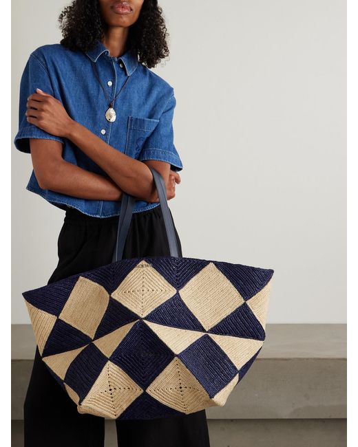 Loewe Blue Paula's Ibiza Xxl Puzzle Fold Leather-Trimmed Raffia Tote Bag