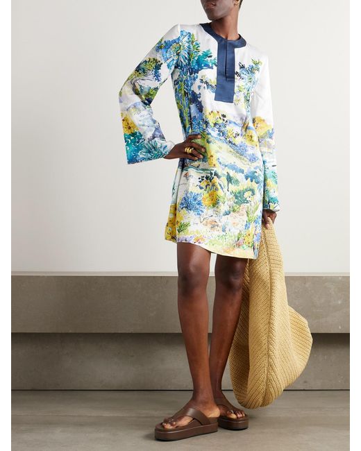 Mary Katrantzou Blue Elsa Embroidered Floral-Print Twill Mini Dress