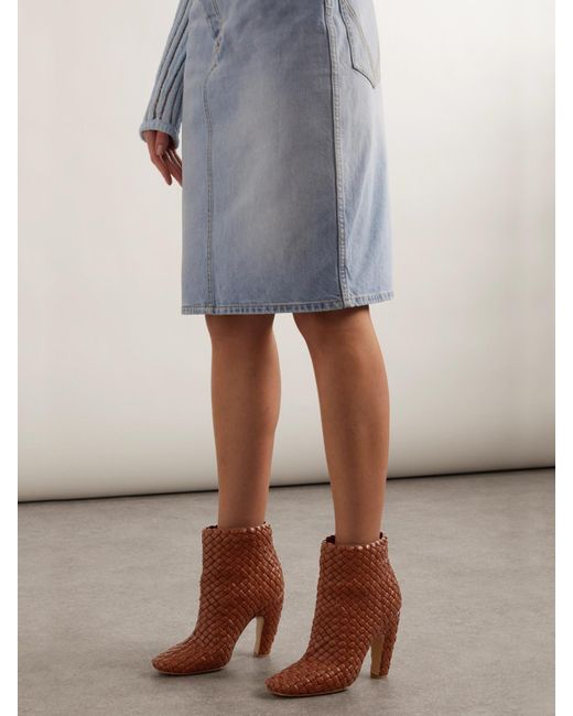 Bottega Veneta Brown Mini Lido Intrecciato Leather Ankle Boots