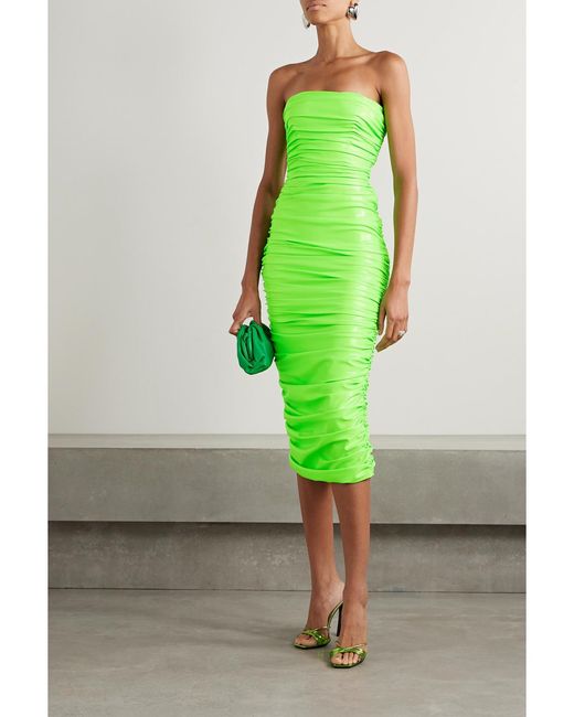 Sergio Hudson Green Strapless Ruched Neon Coated Stretch-Jersey Midi Dress