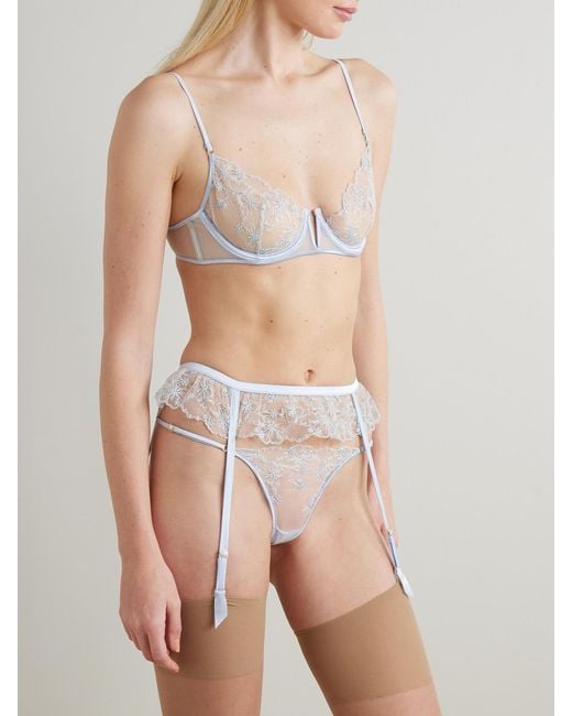 Kiki de Montparnasse White Mathilde Silk-Blend Satin-Trimmed Embroidered Tulle Suspender Belt
