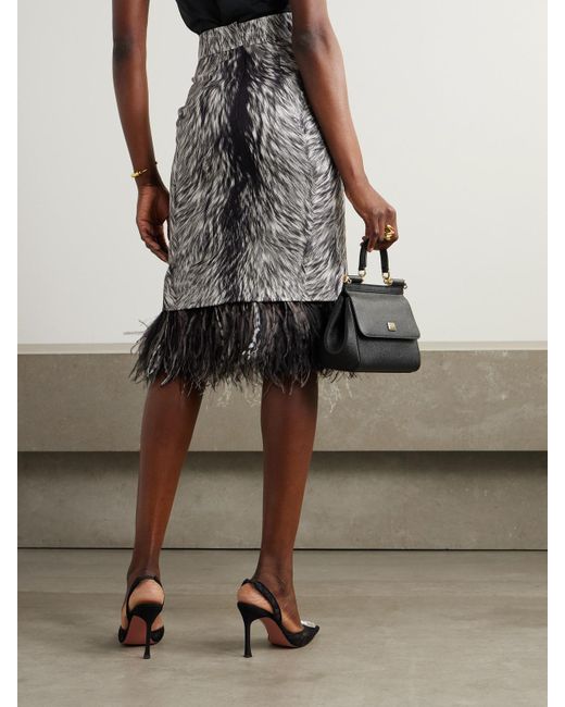 Dolce & Gabbana Gray Feather-Trimmed Printed Stretch-Silk Charmeuse Skirt
