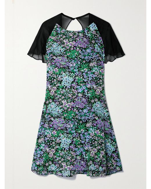 Les Rêveries Green Floral-Print Silk Crepe De Chine And Chiffon Mini Dress