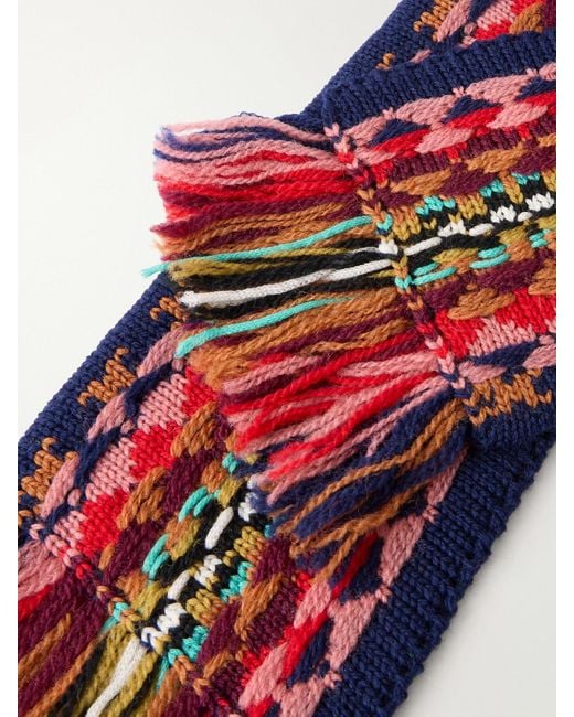 Dries Van Noten Red Fringed Intrasia-Knit Wool Scarf