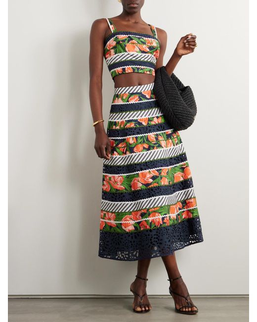 Carolina Herrera Black Ric Rac-Trimmed Printed Cotton-Blend Poplin And Broderie Anglaise Midi Skirt