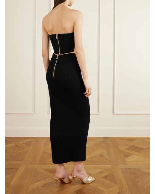 Balmain Black Strapless Ribbed-Knit Top