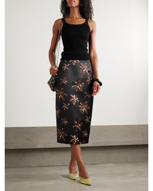Emilia Wickstead Black Lorelei Midirock Aus Satin Mit Blumenprint