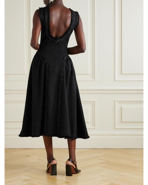 Self-Portrait Black Open-Back Metallic-Trimmed Bouclé-Tweed Midi Dress