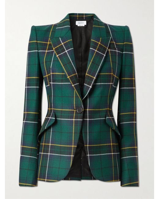 Alexander McQueen Green Checked Wool-Twill Blazer