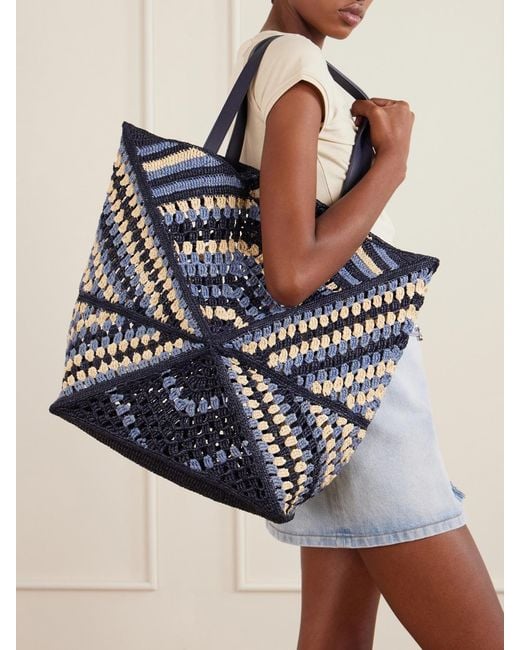 Loewe Blue Paula's Ibiza Puzzle Fold Large Leather-Trimmed Raffia Shoulder Bag