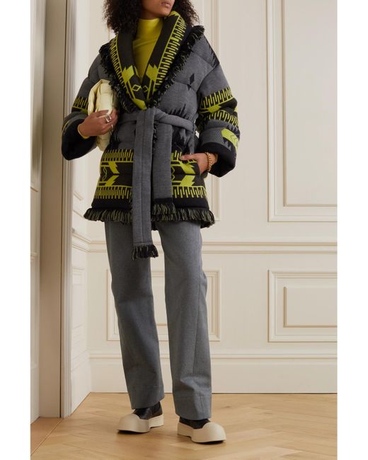 Alanui Gray Icon Belted Fringed Quilted Wool-Jacquard Down Jacket