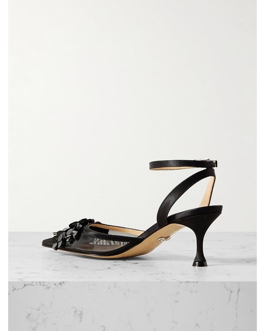 Mach & Mach Black Satin-Trimmed Embellished Mesh Pumps