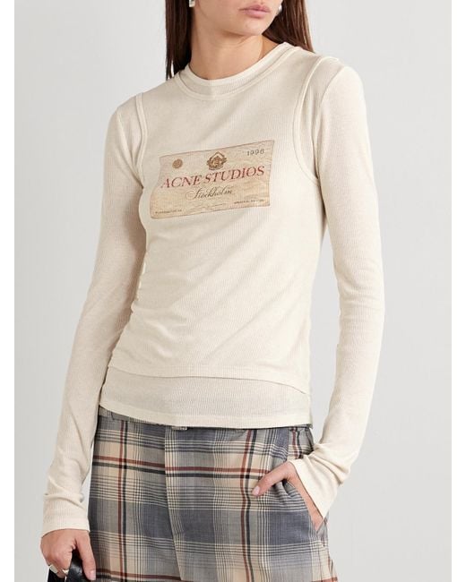 Acne Natural Mehrlagiges Oberteil Aus Geripptem Jersey Aus Einer Modal-Leinenmischung Mit Print
