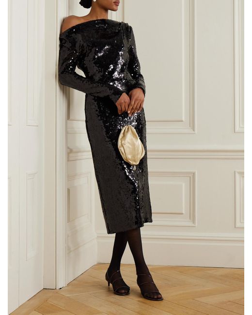 16Arlington Black Danae Draped Asymmetric Sequined Crepe Midi Dress