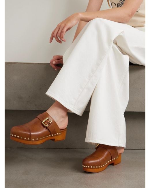 Chloé Brown Jeannette Embellished Leather Clogs