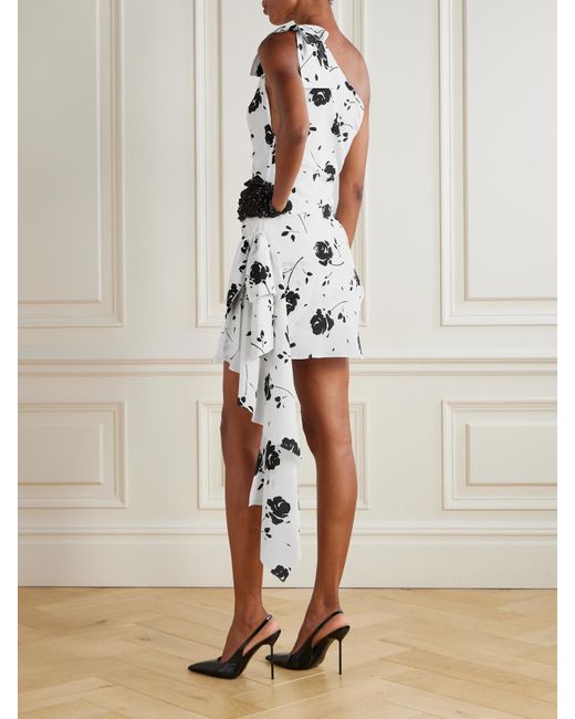 Alessandra Rich White One-Shoulder Bow-Detailed Gathered Floral-Print Silk Mini Dress