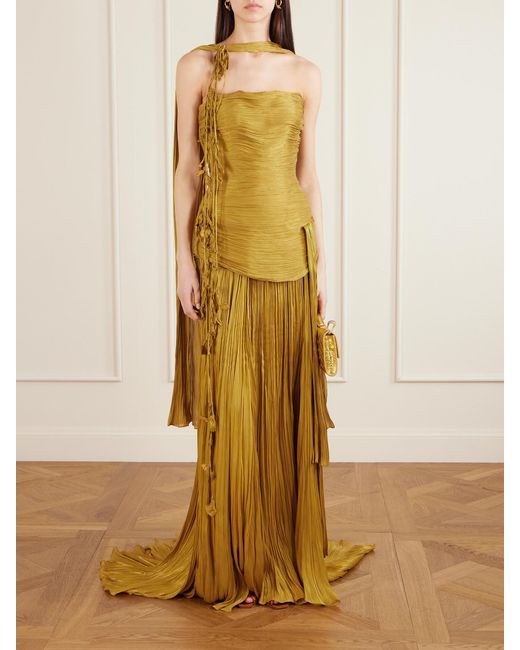 Marmar Halim Metallic Trägerlose Robe Aus Plissiertem Satin