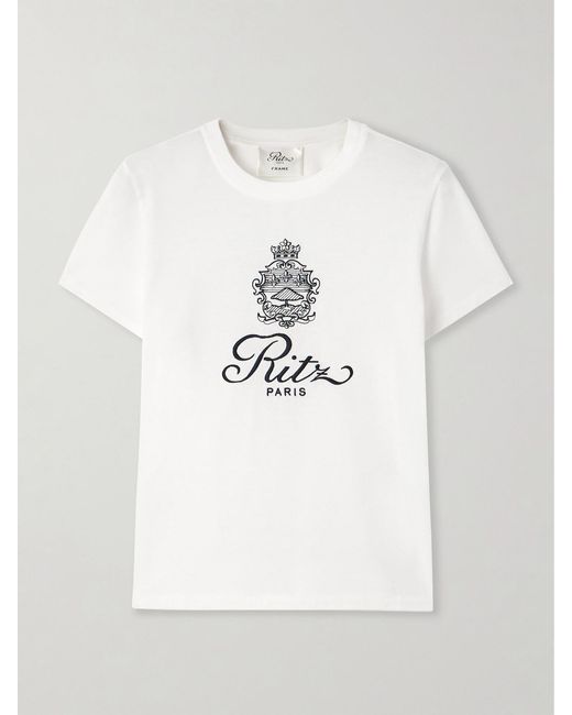 FRAME Ritz Paris Embroidered Cotton-Jersey T-Shirt in White | Lyst