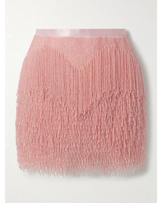 Wiederhoeft Pink Fringed Beaded Silk-Satin Mini Skirt