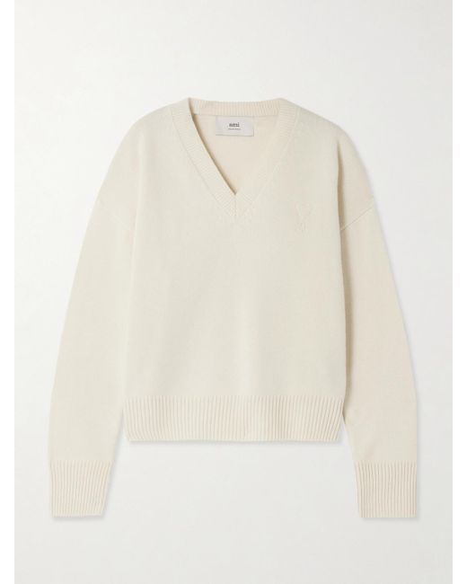 AMI White Oversized Embroidered Wool And Cashmere-Blend Sweater