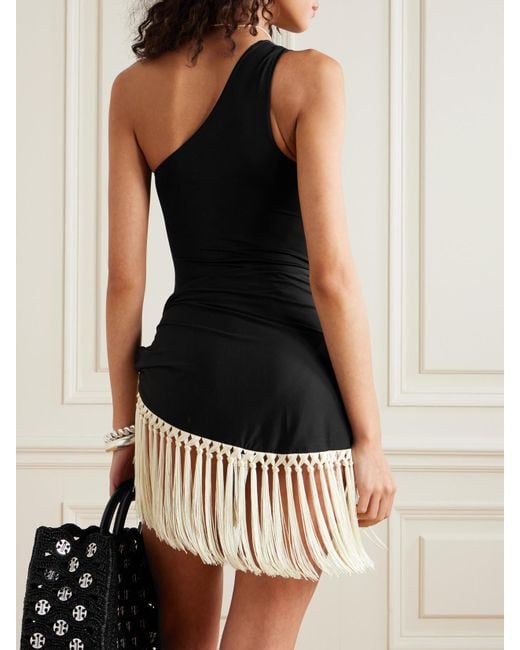 ‎Taller Marmo Black Yacare One-Shoulder Swimsuit And Fringed Pareo Set