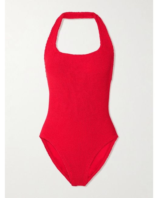 Hunza G Red Sandy Seersucker Halterneck Swimsuit