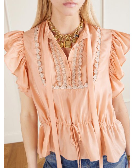 Chloé Pink Ruffled Lace-Trimmed Silk-Habotai Blouse