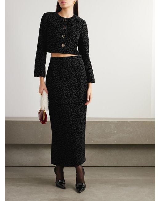 Saloni Black Nat Satin-Trimmed Embroidered Velvet Midi Skirt
