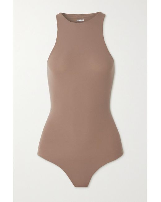 Skims Fits Everybody Stretchsatin Jersey Thong Bodysuit in Brown Lyst