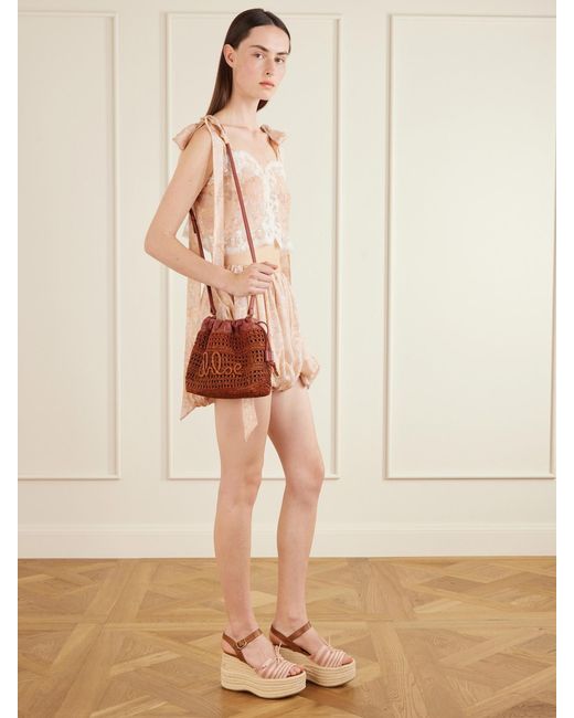 Chloé Red Summer Banana Leather-Trimmed Raffia Shoulder Bag