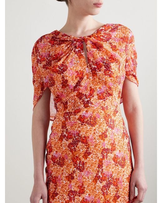 Saloni Red Claudia Cape-Effect Floral-Print Silk-Georgette Gown